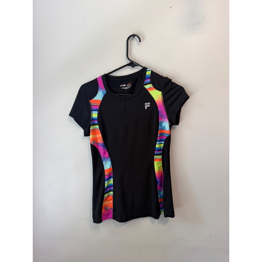 Fila Sport Womens XL Black Rainbow Tie‎ Dye Activewear T-Shirt Tru-Motion Top